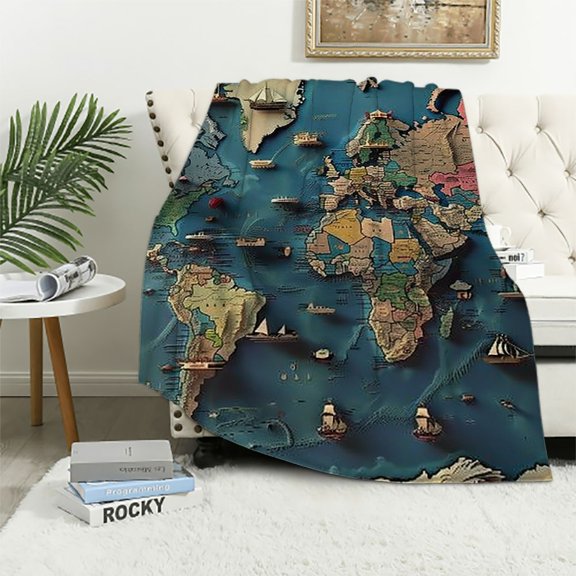 Creowell World Map with Landmarks and Monuments Blanket - Flannel Throw, Detailed World Map with Landmarks Design, Ideal for Geography Lovers, Perfect for Bed, Couch & Travel 40x50in
