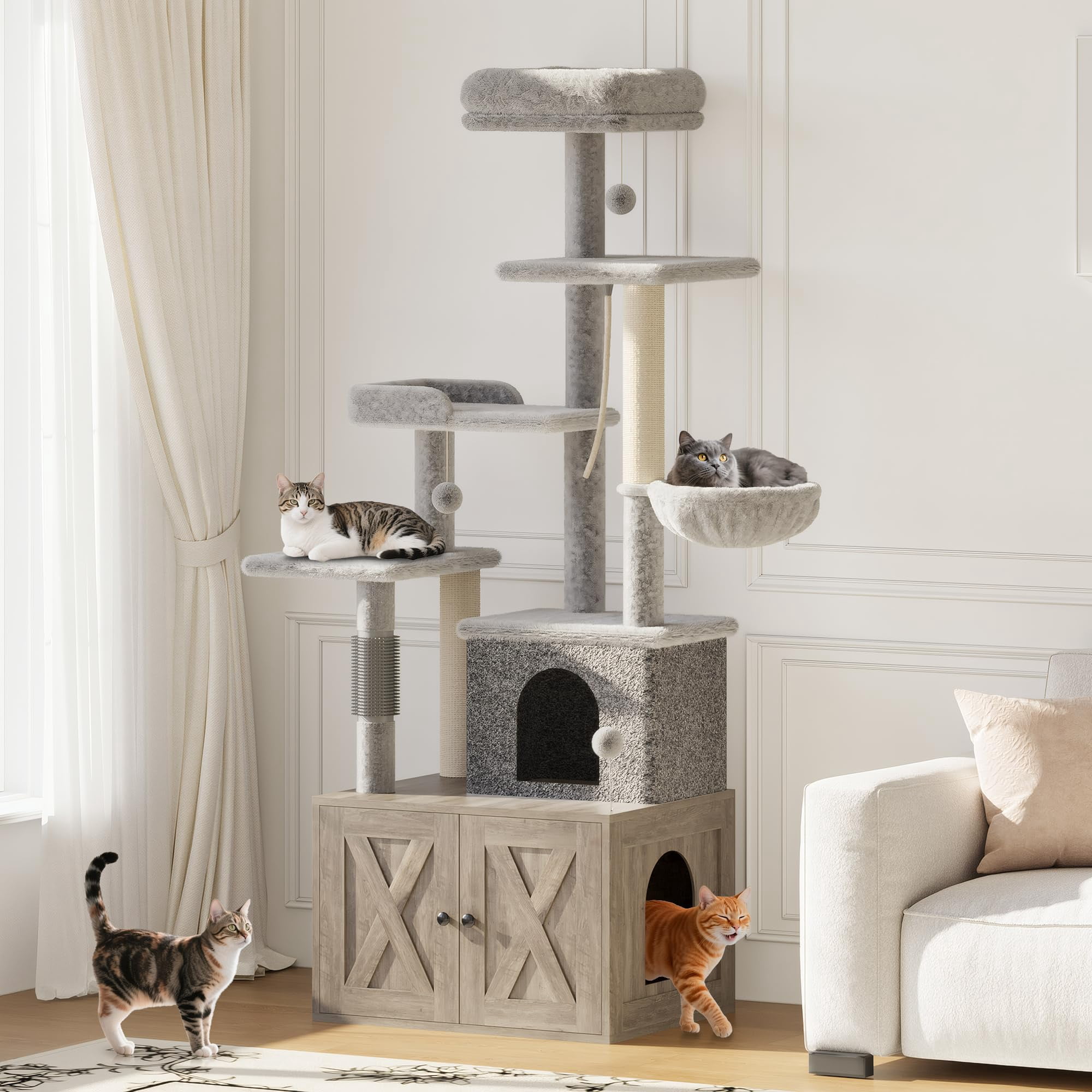 Cat Tree with Litter Box Enclosure, 2-in-1 Modern Cat Tower with Scratching Posts, Multiple Platform and Large Condo, Multilevel Indoor Kitten House, Gray