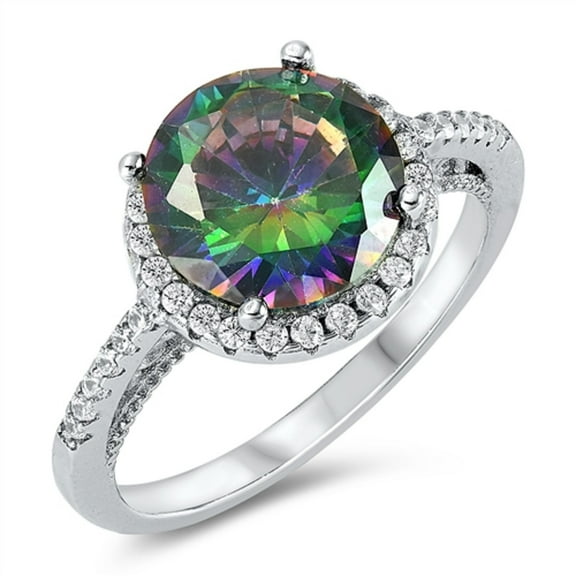Rainbow Simulated Topaz Clear CZ Large Stone Ring Sterling Silver Size 6