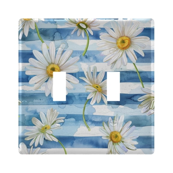 Dailycode Light Switch Plate Covers 2 Gang Wall Plate Plastics Outlet Covers for Kitchen Home Office Decor Daisy Flower on Blue White Stripes