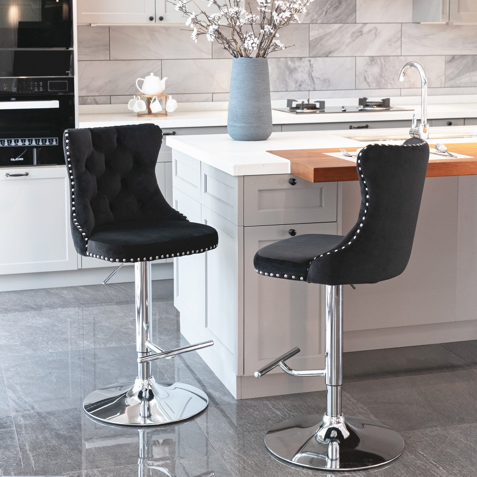 Swivel Bar Stools of 2, LegaHome Velvet Counter Height Barstools, 25-33 Inch Adjustable Height Bar Stools for Kitchen Counter, Modern Upholstered Kitchen Island Chairs, 300lbs Capacity, Black