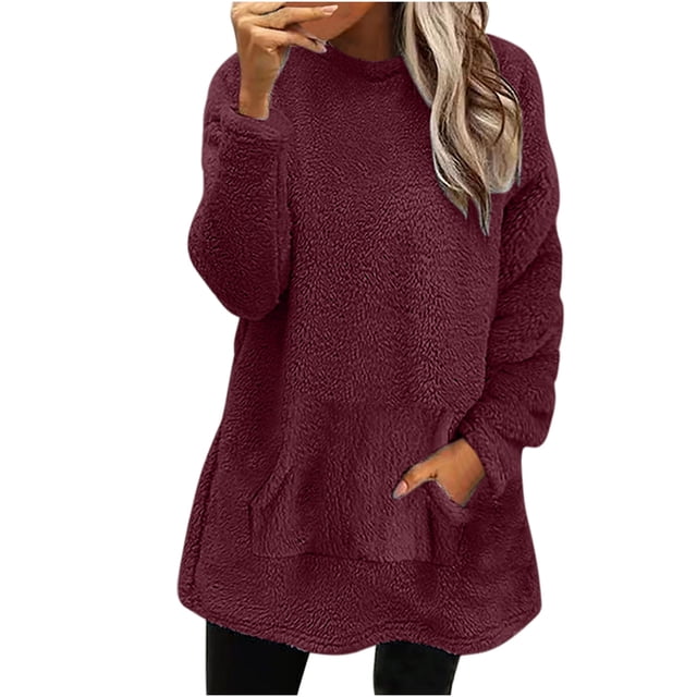 KIHOUT Spring Winter Womens Tops Round-Neck Plush Loose Solid Color with Pocket Warm Long Sleeve Blouse Tops