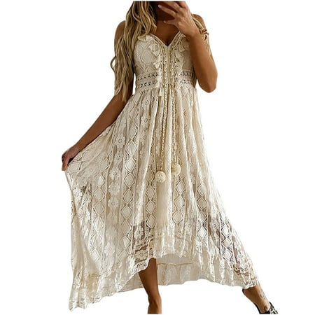 MELDVDIB Summer Dress for Women Hollow Out Tassel Lace Solid Ankle-Length Dresses Sleeveless Beach Party Loose Dresses on Clearance