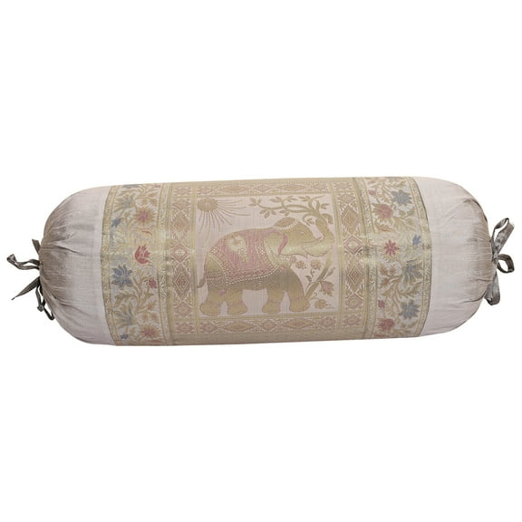 Stylo Culture Indian Polydupion Cylindrical Yoga Bolster Pillow Cover Grey Jacquard Brocade Border Elephant Large Sofa Round Cylinder Cushion Cover (1 Pc) | 30x15 Inches (76x38 cm)