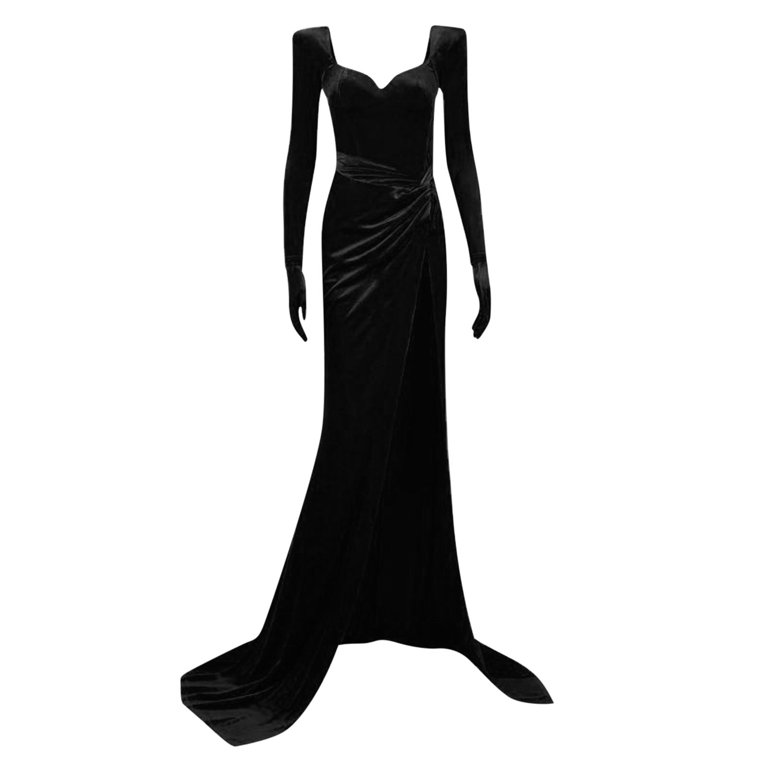 safuny Women's Maxi Side Split Dress Solid Color Velvet Holiday Long Sleeve  V Neck Elegant Cocktail Wedding Evening Party Trendy Dresses Black S -  Walmart.com