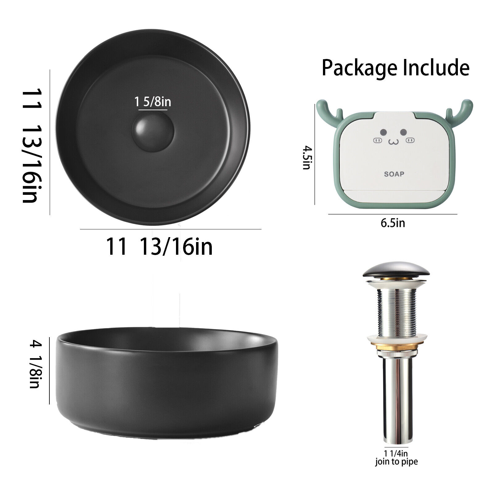 12" Matte Black Basin with Pop Up Drain Round Counter Top Vessel Bathroom Sinks