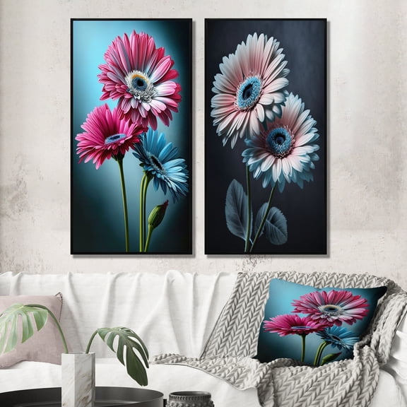 Designart "Hyperrealistic Gerbera Daisies in Pink and Blue I" Gerbera Framed Wall Art Set Of 2 - Pink Floral Framed Wall Art Set Of 2