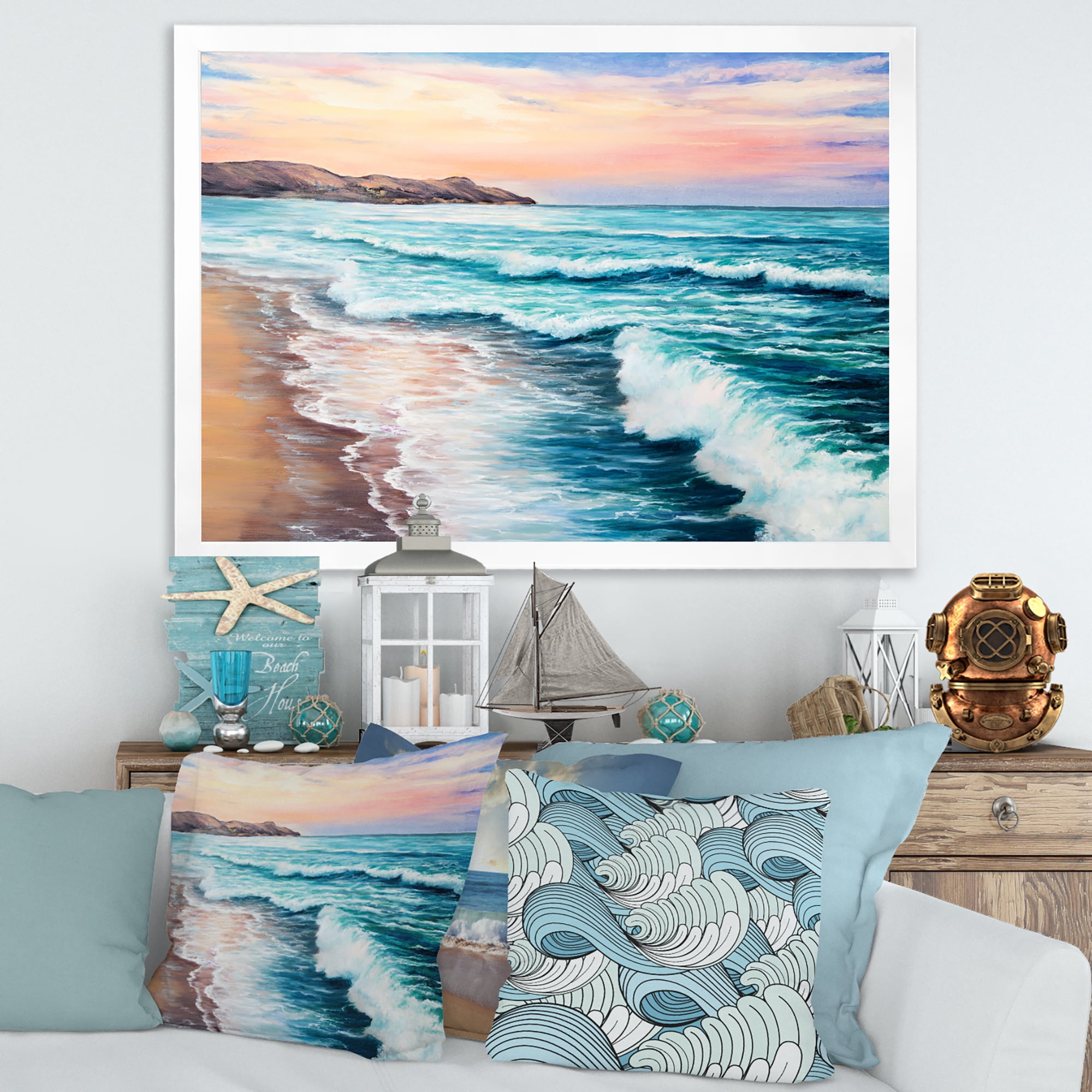 Designart 'Sunrise Glow On The Ocean Waves III' Nautical & Coastal Framed Art Print