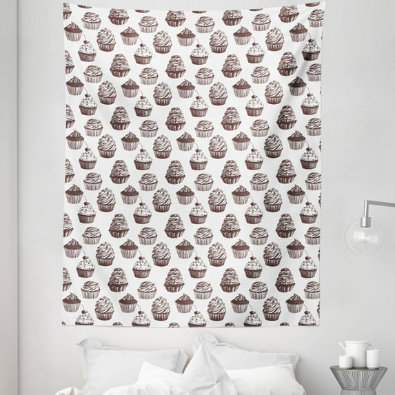 Cupcake Tapestry, Delicious Desserts Food Yummy Chocolate Cake with Cherries Sketch, Fabric Wall Hanging Decor for Bedroom Living Room Dorm, 5 Sizes, Muave Taupe and White, by Ambesonne