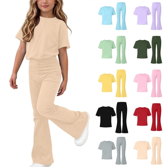 Loopsun Girls 5-15 Years Solid Short Sleeve Round Neck Top Long Pant Trendy Daily Fashion Outfit