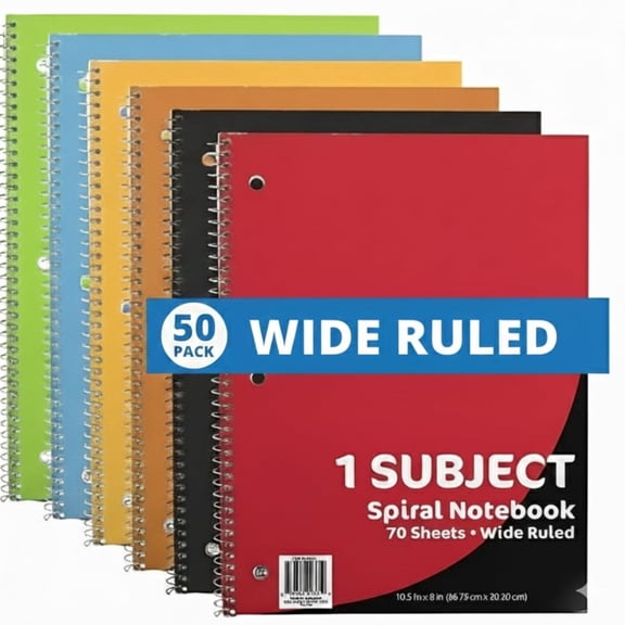50 pack 1 Subject 70 Sheet Wide Ruled Lined Spiral Notebooks in Assorted Colors