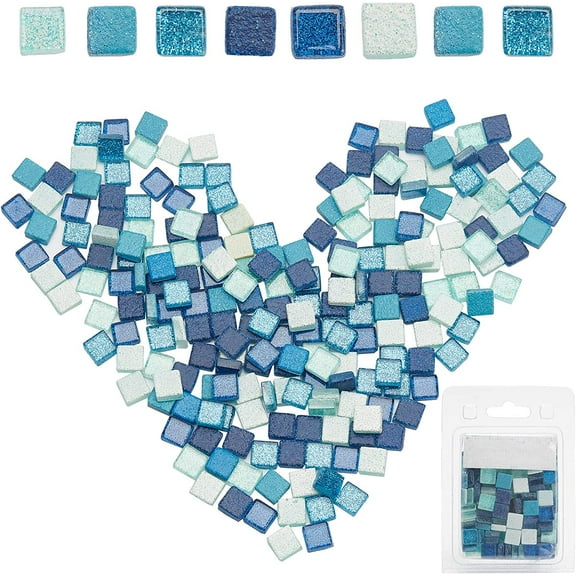 220 Pieces Mosaic Tiles Glass Glitter Mosaic Square Shape Stained Glass Pieces for DIY Crafts Kitchen Shower (Blue 10 X 10mm) Colorful