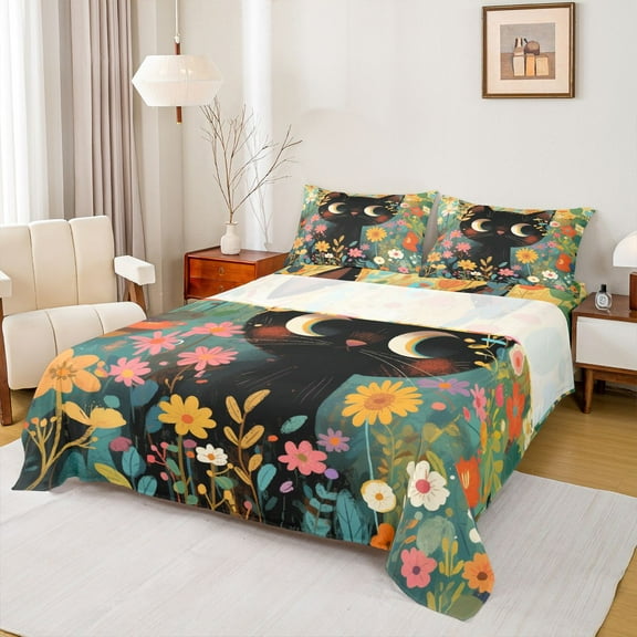 Homewish Kawaii Cat Kitten Twin Sheet Sets,Cute Daisy Floral Twin Fitted Sheet,Green Black Orange Flat Sheet For Girls Kids,Microfiber Bedroom Decor,3-Piece