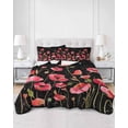 thumbnail image 2 of Quilts Twin-XL Size Bedding Set, Red Poppy Lightweight Quilted Comforter, Spring Summer Flowers Botanical Black Soft Reversible Bedspread Coverlet with Pillow Covers for All Season, 68" x 98", 2 of 7