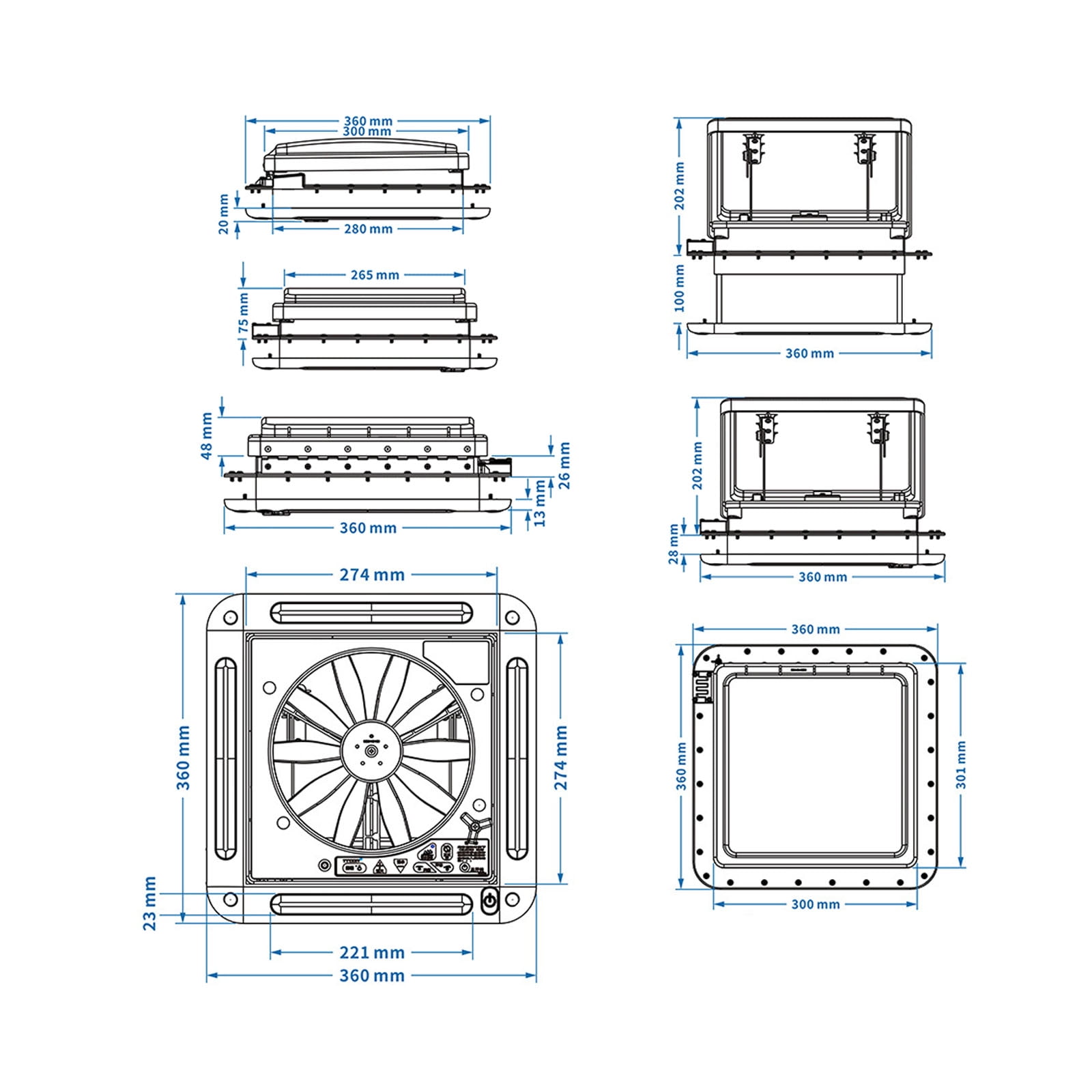 RV Caravan Roof Vent Forward & Reverse Motor RV Fan 12V Skylight W/LED Light