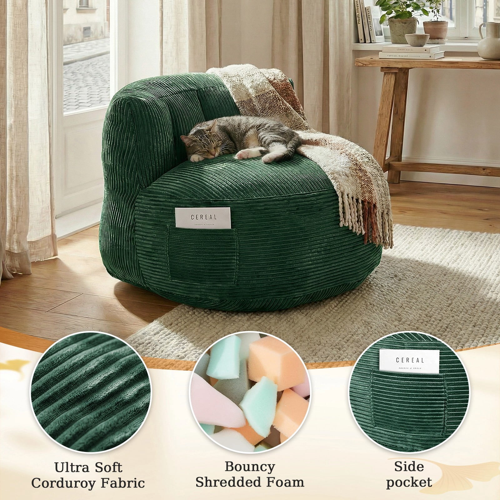 TOPCHANCES Large Bean Bag Chair for Adults, Crushed Foam Floor Chair with Storage Pocket & Carry Handle,  Indoor Lazy Lounger Sofa for Living Room Bedroom, Dark Green