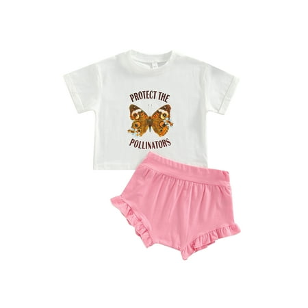 

JYYYBF Infant Baby Girls Clothes Butterfly Print Letter Short Sleeve Top + Ruffle Shorts Summer Kids Outfits Set Pink 6-9 Months