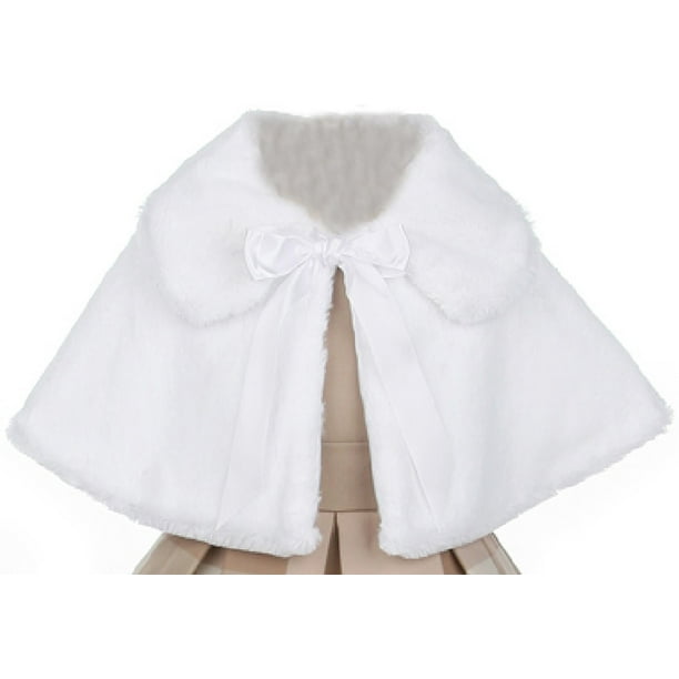Little Girl Faux Fur Satin Ribbon Collar Dress Cape Flower Girl Bolero Jacket Jacket White 4 SK