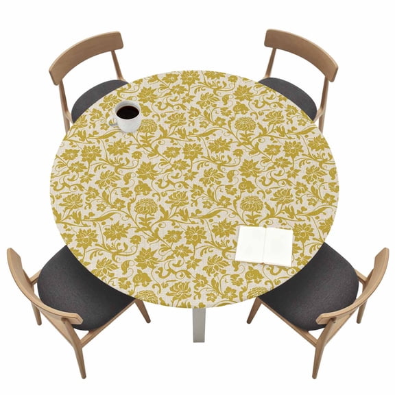 Yelllow Floral Fitted Tablecloth with Elastic Edged, Round Table Cloth for Dining Table, Vintage Rustic Plants Flowers Spring Waterproof Oil Proof Table Cover for Indoor Outdoor 45"-54"