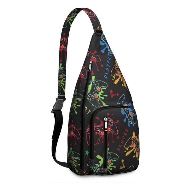 Cyberpunk Gamer Sling Backpack - Retro Console Design with Colorful Graffiti Pattern, Anti-Theft Shoulder Pack for Travel & School