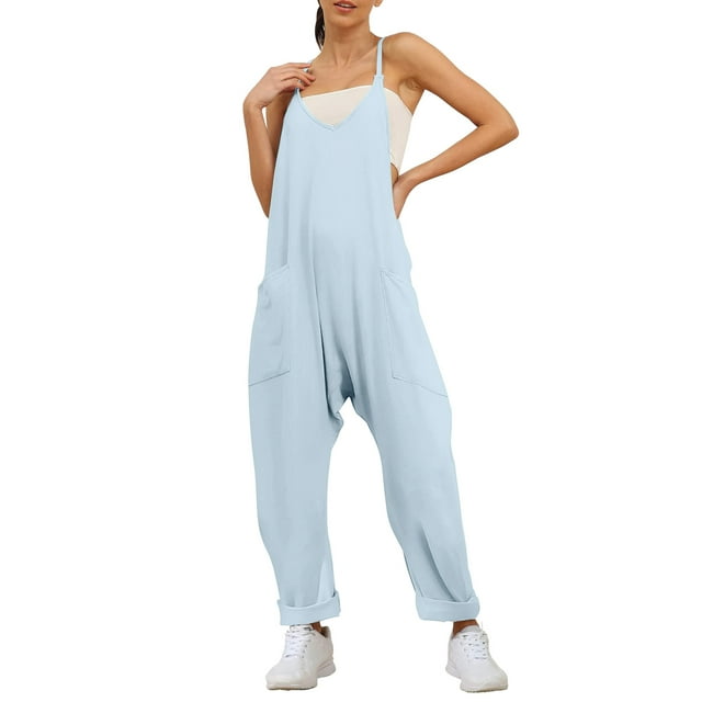 Casual Women's Jumpsuit - Sleeveless Loose Fit Solid Color Comfortable Pocket Design