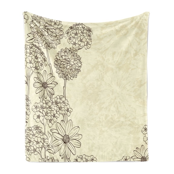 Floral Vintage Soft Flannel Fleece Throw Blanket, Blooming Plantation Drawn by Hand in Retro Style, Cozy Plush for Indoor and Outdoor Use, 70" x 90", Cream Eggshell, by Ambesonne