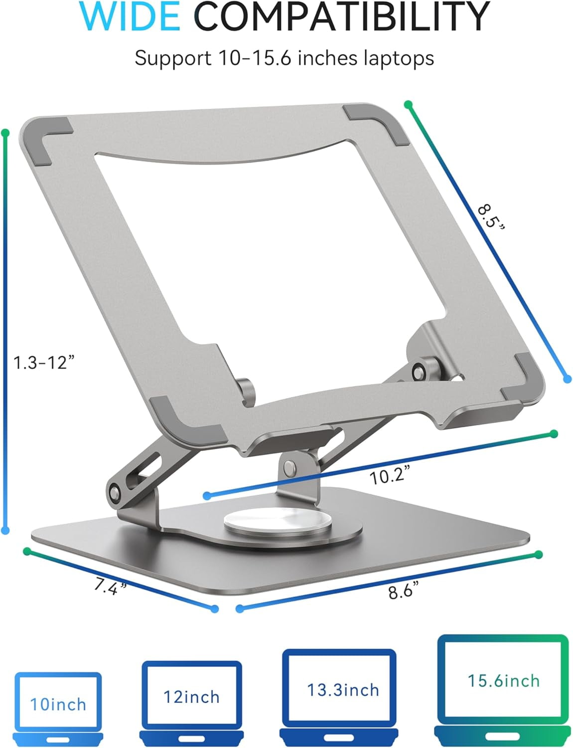 Laptop Stand with 360° Rotating Base, Ergonomic Computer Riser for Desk, Adjutable Height Muti-Angle, Foldable Laptop Mount, Stable Metal Holder Support 10-15.6" Notebook PC, Silver Grey