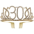 thumbnail image 1 of Tiara de cumpleaños con corona con peine para el pelo, diamantes de imitación de cristal, regalo de cumpleaños, años para mujeres (dorado), 1 of 3