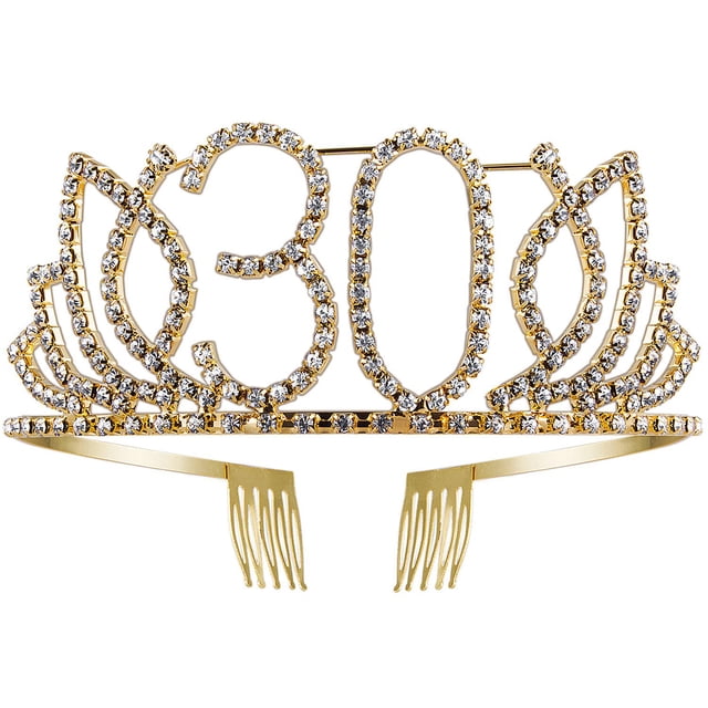 Tiara de cumpleaños con corona con peine para el pelo, diamantes de imitación de cristal, regalo de cumpleaños, años para mujeres (dorado)