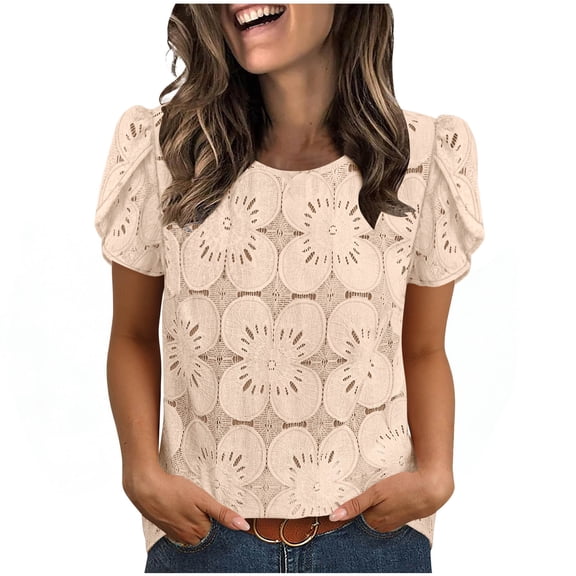 Olyvenn Summer Fashion Women's Crew Neck Short Sleeve Floral Lace Puff Sleeve Blouse Casual Hollow Out Cute Tops Beige XL