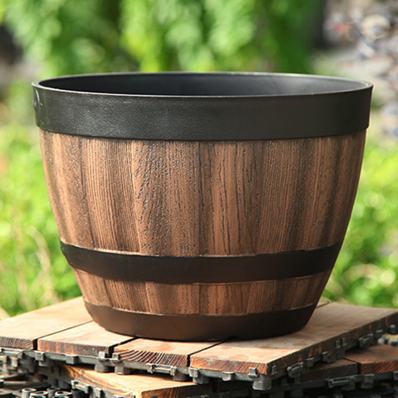 Wine Barrel Planter Round 16 inch Patio Faux Wood Pot Garden Outdoor Flower 