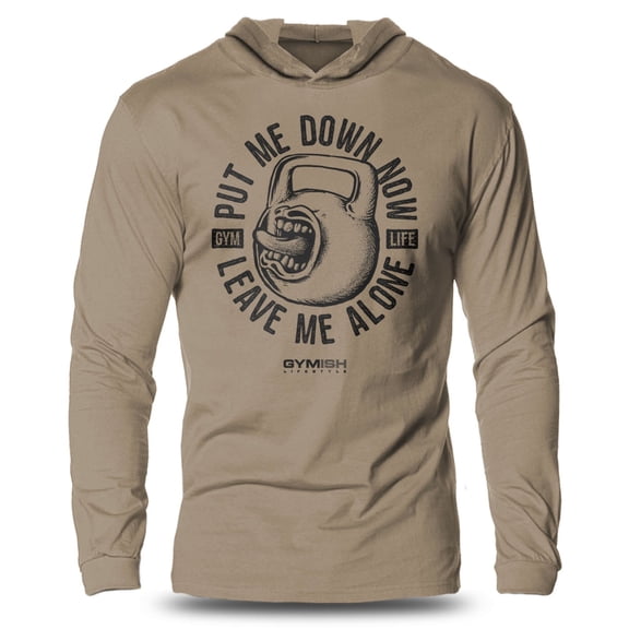 GYMISH Put Me Down Now Lightweight Long Sleeve Hooded T-Shirt for Men – Funny Gym Hoodie, Khaki, Small