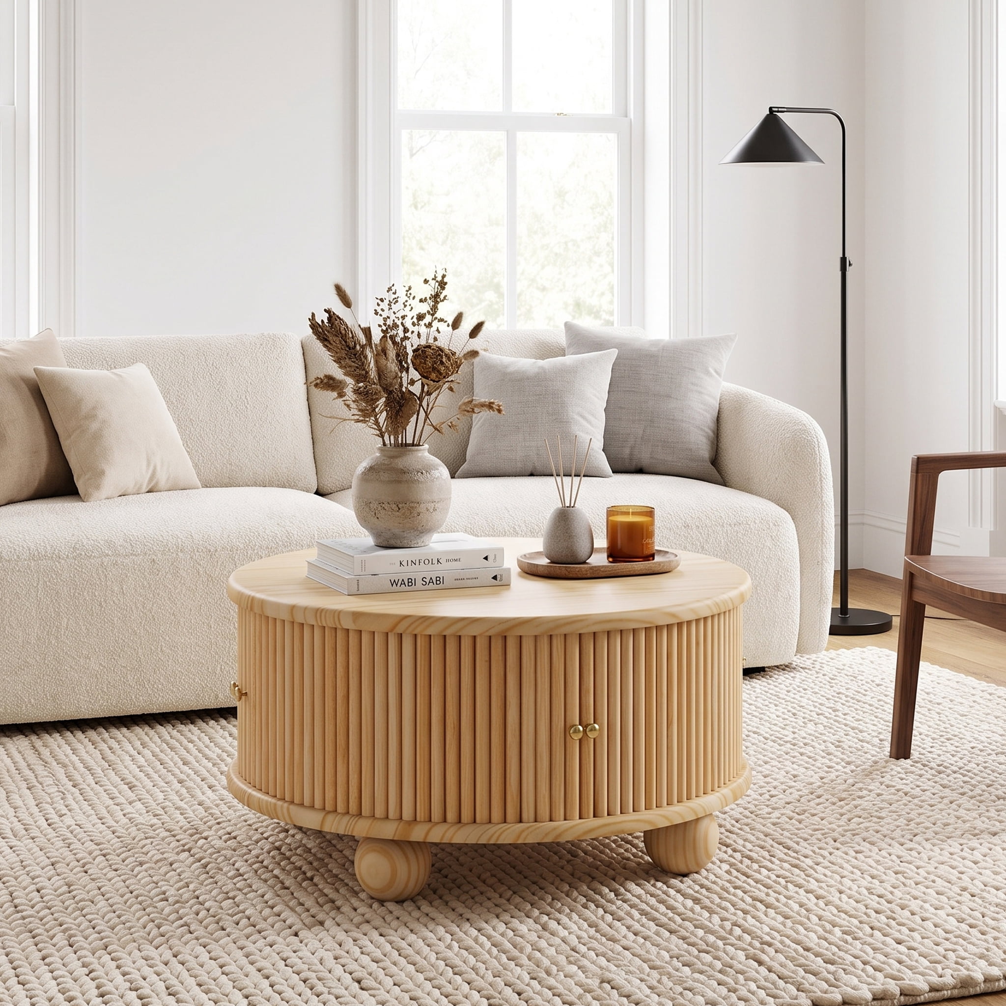 Homy Casa 31.8 in Round Fluted Wood Coffee Table with Storage Shelf for Living Room Natural Oak