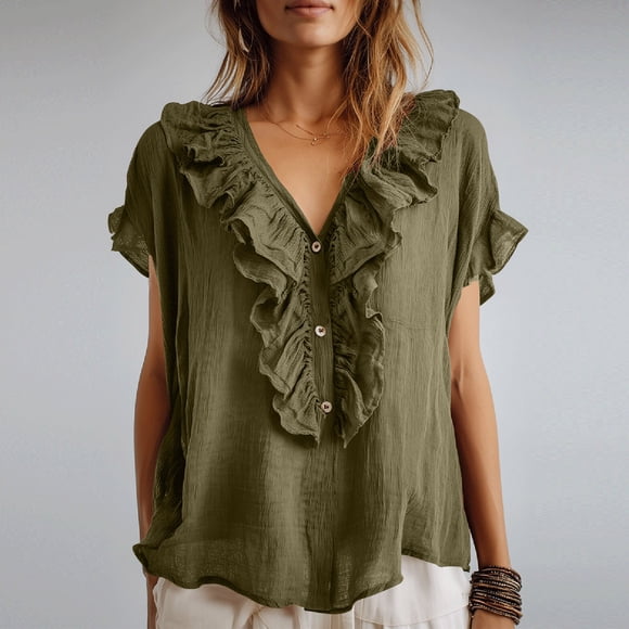 Craaazy Women Plus Size Tops Loose Fit Solid Color V Neck Ruffle Placket Short Sleeve Cotton T Shirts for Daily Wear Gift