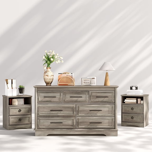 LGHM 3 Piece Bedroom Dresser Set, Farmhouse 7 Drawer Dresser, 2 Drawers Nightstand set of 2, Gray Wash