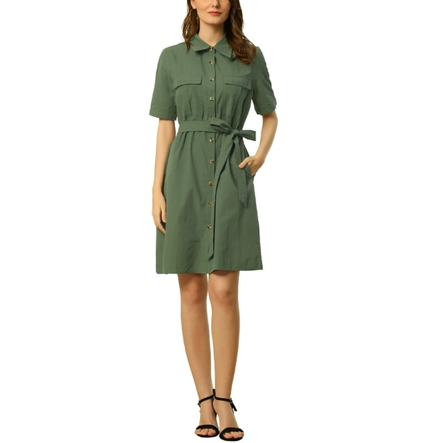 INSPIRE CHIC Women's Collared Short Sleeve Safari Pocket Belt Button up Shirt Dress
