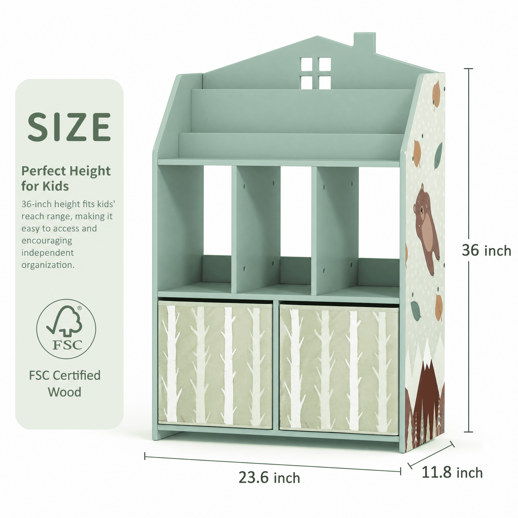 House Shaped Kids Toy Storage Organizer with Book Display Open Shelves Fabric Drawers, Montessori Children Bookshelf Bear Pattern FSC MDF Playroom Storage Cabinet