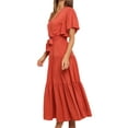 thumbnail image 3 of Franhais Women Summer Dress with Waist Belt, Plain Short Sleeve Ruched V-Neck Loose Dress, Ladies Casual Long One-Piece, 3 of 5