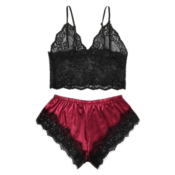 Ame Women's Lace Satin Sleepwear Satin Shorts Pajamas Suspenders Shorts Suit Pajamas