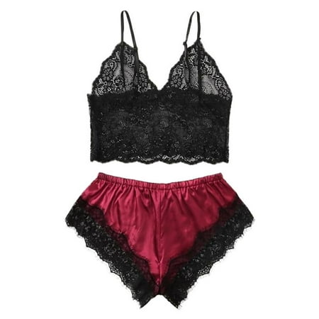 

Women s Sexy Lace Underwear Satin Pajamas Suspenders Shorts Suit