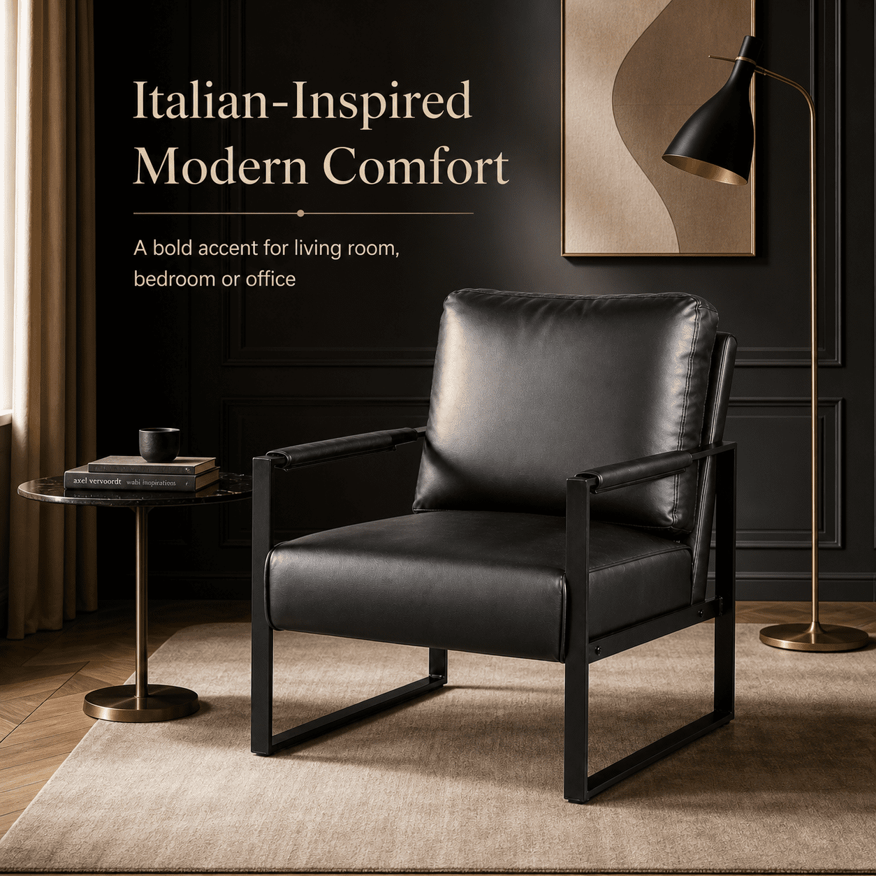 Mintazer Modern Microfiber Accent Chair, Square Metal Frame Lounge Armchair for Living Room Bedroom Office, Black