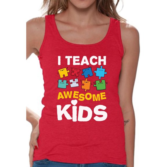 Awkward Styles Women's Autism Awareness Puzzle Graphic Tank Tops I Teach Awesome Kids