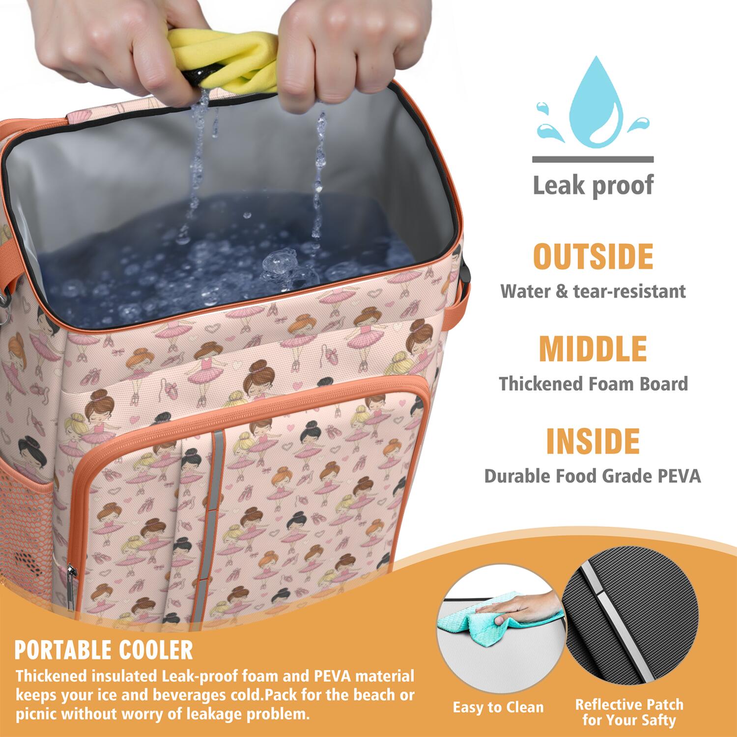 Travel Cooler Bag - Pink Ballerina Pattern Camping Beer Cooler Backpack with Bottle Opener- Waterproof Insulated Picnic Backpacks - Cooler Bag for Beach