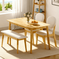 Ktaxon Solid Wood Dining Table Set for 4, Mid-Century Dining Room Table with 2 Padded Chairs & Bench, 47.3" Dining Room Set for 4 Family Use, Natural