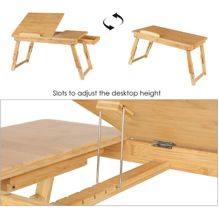 Homfa Bamboo Laptop Desk Bed Table Adjustable Laptop Tray for Breakfast with Tilt Drawer Natural Color