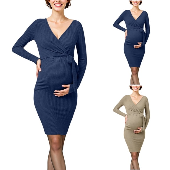 Lispipm V Neck Sweater Dress for Women Long Sleeve Soft Ribbed Knit Maternity Dresses Casual Pregnancy Home Clothes Blue L