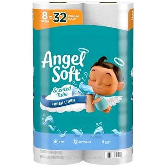 Toilet Paper with Fresh Linen Scented Tube, 8 Mega Rolls = 32 Regular Rolls, Soft and Strong Toilet Tissue