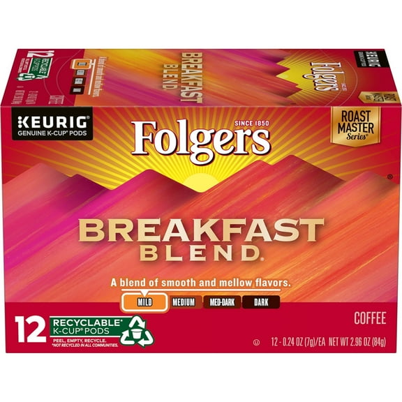 Folgers Breakfast Blend Keurig k-Cup Pods Mild Roast Coffee 12 Count (Pack of 2)