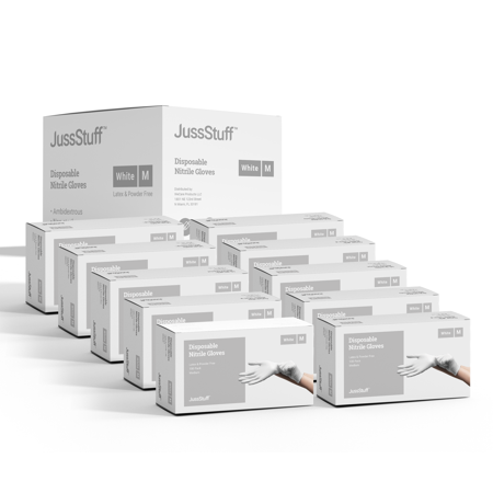 JussStuff Nitrile Gloves  Exam Gloves - White - 10 Boxes of 100 Gloves (1000 Total) (Medium)