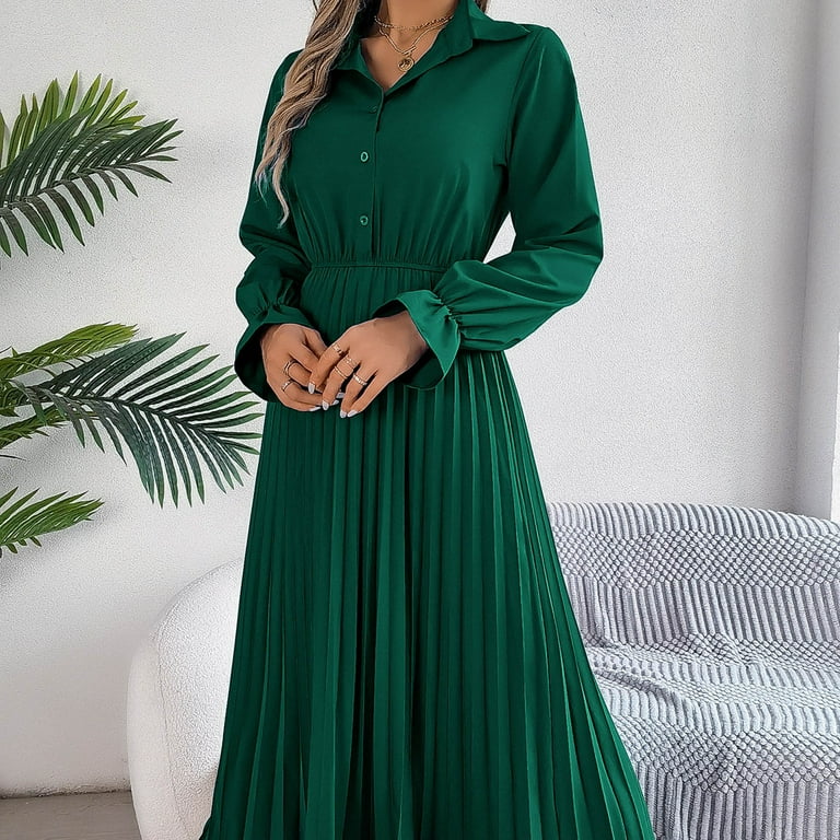 chinese dress ladies R.Vivimos Women Chiffon Print V Neck Long Sleeve Tie Waist Casual Boho Maxi  Dresses (Small,Green) at Amazon Women's Clothing store main image 0